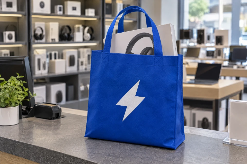 A blue non woven bag with a headphone box inside stands on an electronics shop counter