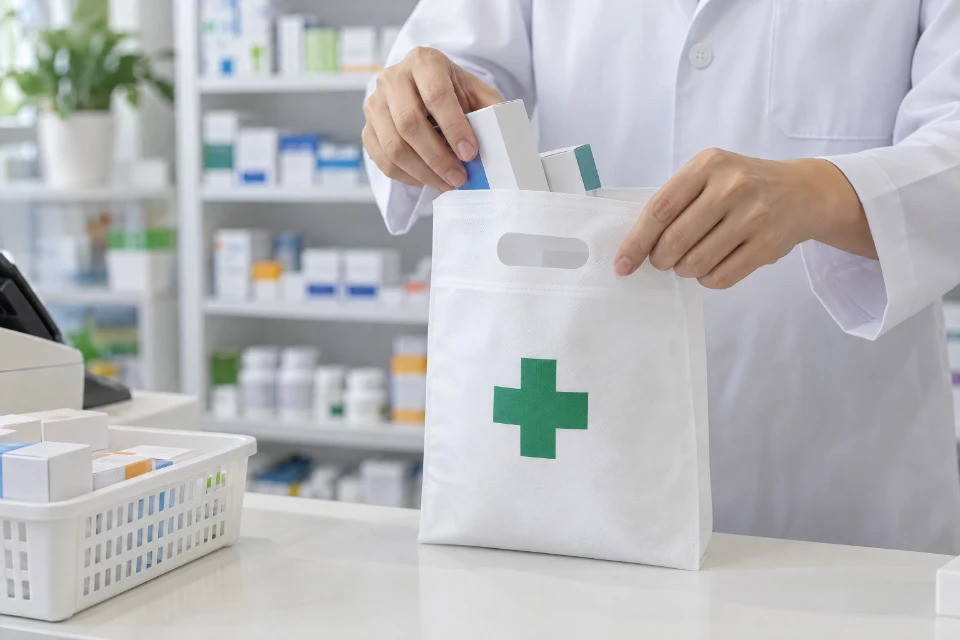A pharmacist puts medicine boxes into a white D cut bag printed with a green cross