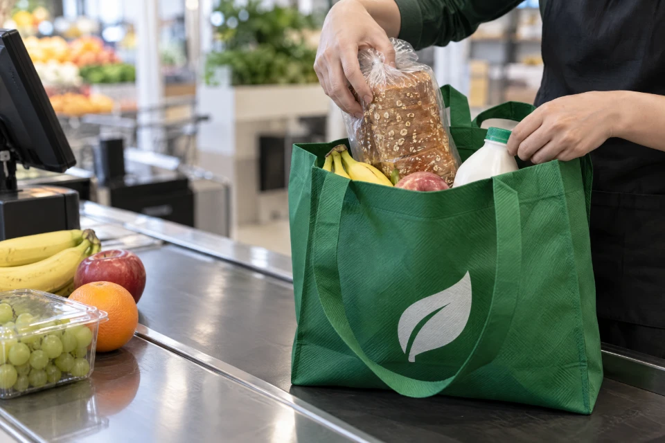 A cashier packs bread, fruit and milk into a green non woven bag at a supermarket checkout
